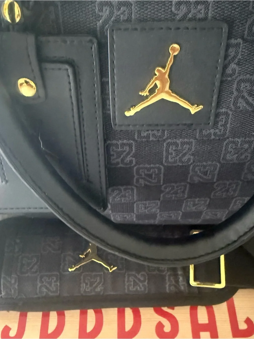 AIR JORDAN MONOGRAM DUFFLE BAG LUGGAGE JACQUARD BLACK GOLD GRATITUDE RETRO 11